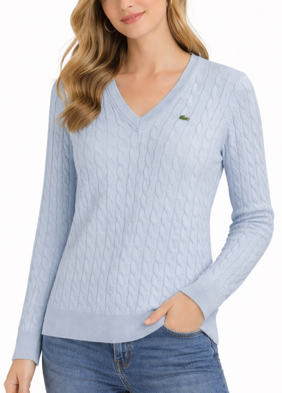 Lacoste Blue Cable Knit Sweater Womens 8-10 EU 40 V Neck Peruvian Cotton Resort